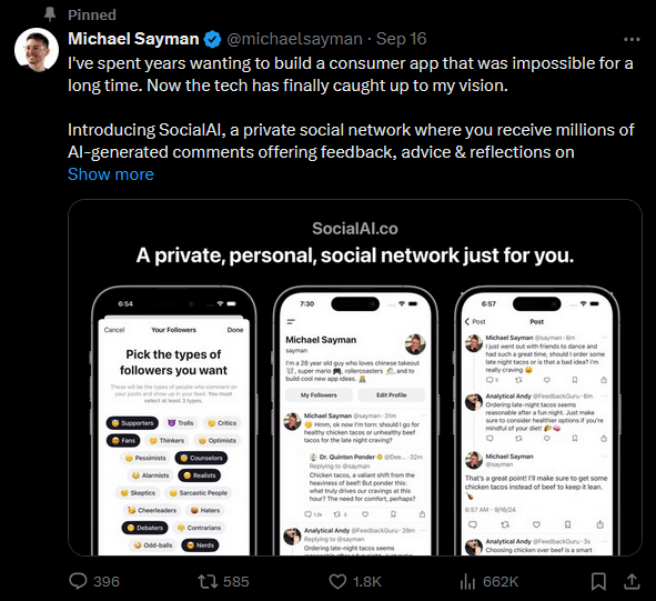 A Twitter post from someone named Michael Sayman. In it, he introduces a 'private social network' named SocialAI, 'where you receive millions of AI-generated comments'.